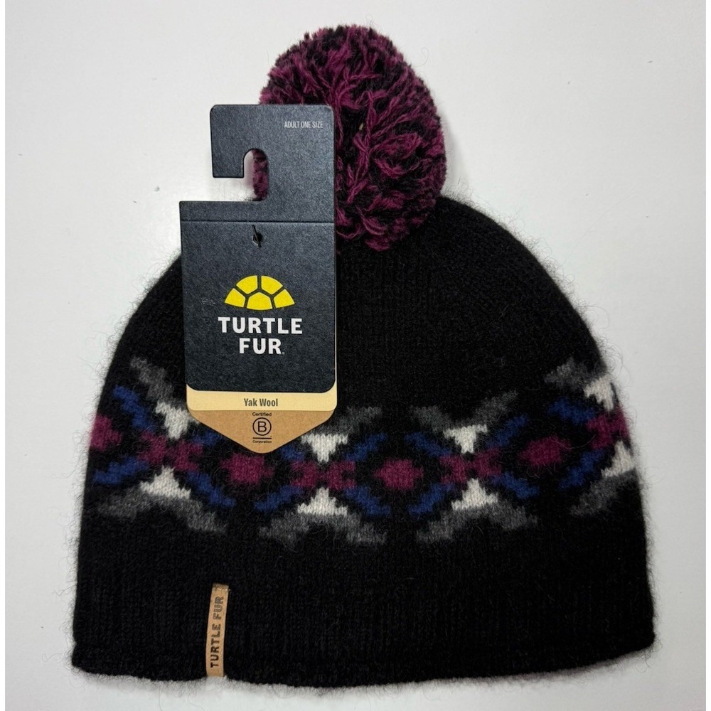Turtle Fur‎ Yak Wool Beanie Winter Aztec Warm Knit Hat Black & Purple Lined